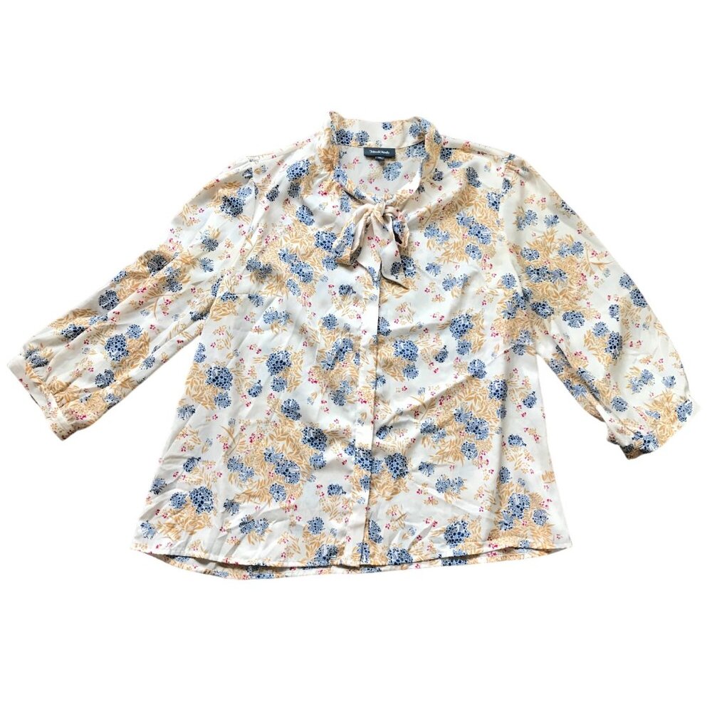 Modcloth Tie Neck Floral Blouse Women's XL Button Front 3/4 Sleeves Business